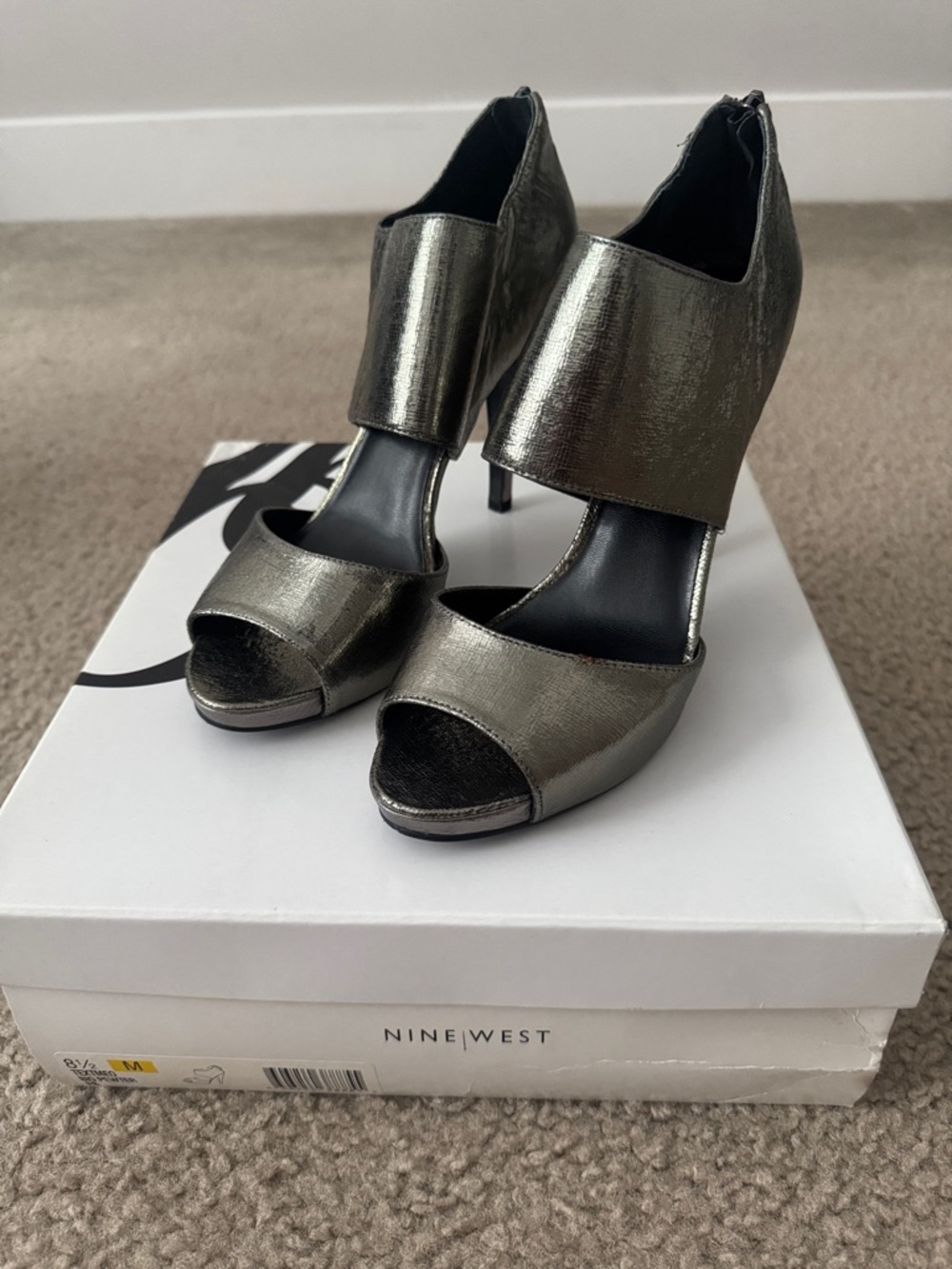 Nine West Metallic Gunmetal Open-Toe High Heels